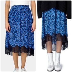 Zadig & Voltaire Joslin Blue And Black Heart Print Lace Trim Midi Skirt Sz 34/XS